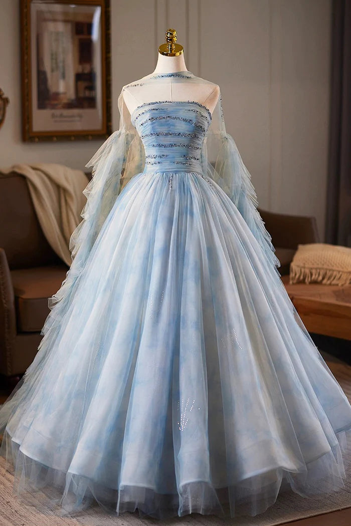 Blue Tulle Printed Pattern Long Prom Dress, Beautiful A-Line Party Dress with Cape